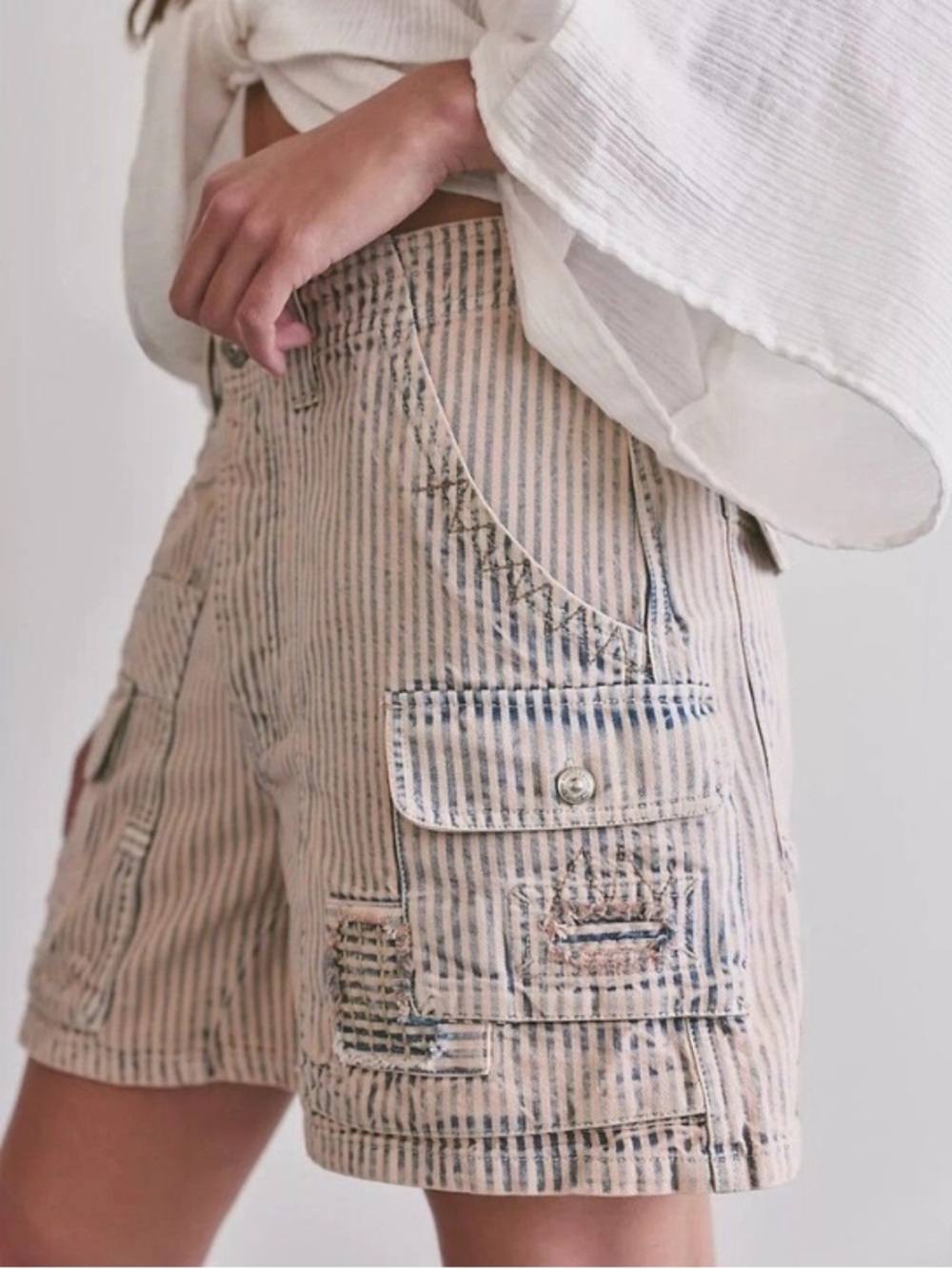 Free People Day Dreamer Denim Cargo Shorts NWT Railroad Stripe Desert Blush